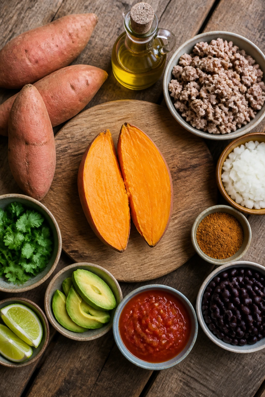 Top-down view of key ingredients arranged around a halved sweet potato