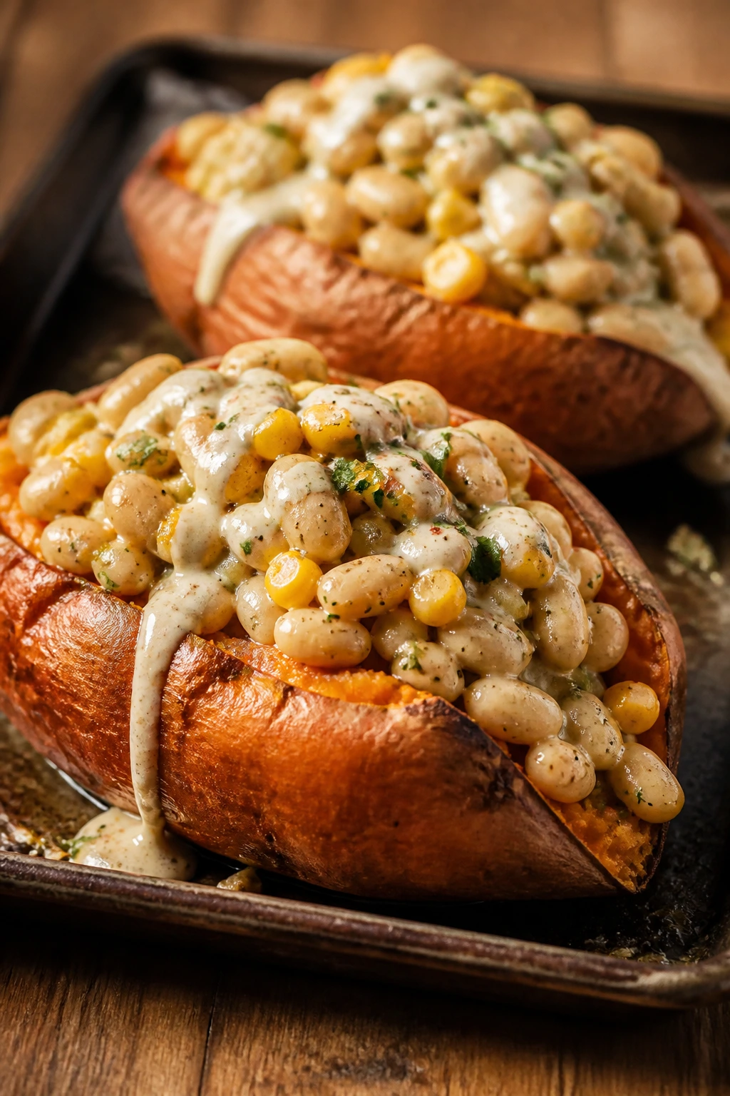 Close-up of stuffed sweet potatoes with white beans and corn