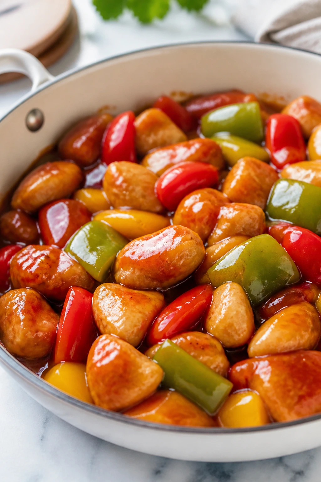 Close-up of sweet and sour chicken with peppers in a skillet