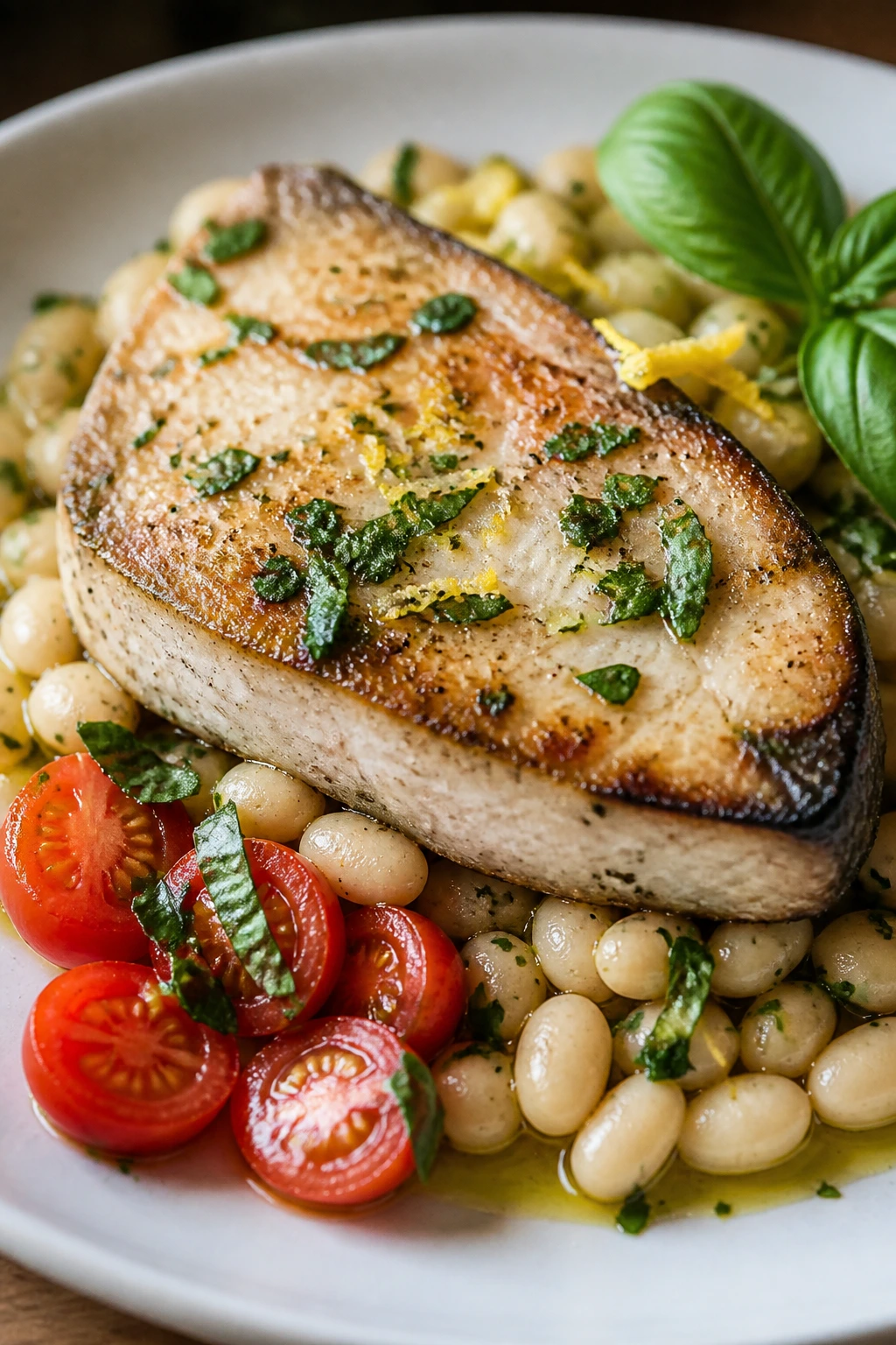 Swordfish steak on white beans with tomatoes and basil
