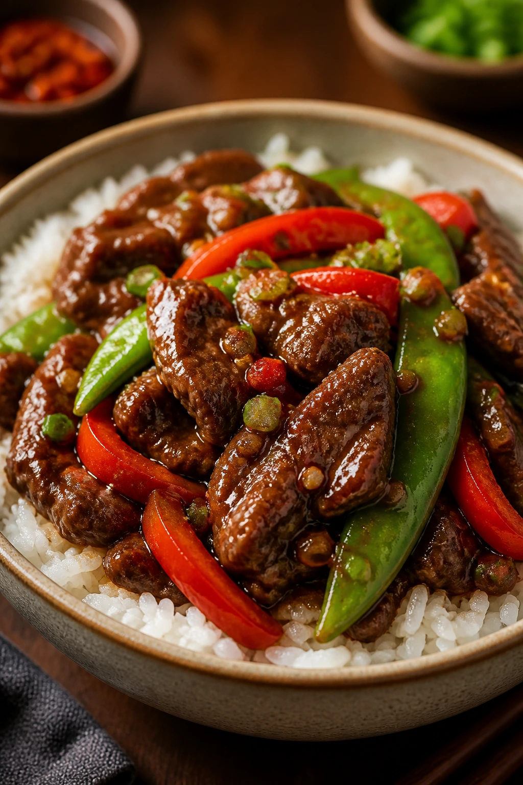 Close-up of Szechuan beef rice bowl with peppers and snap peas on rice