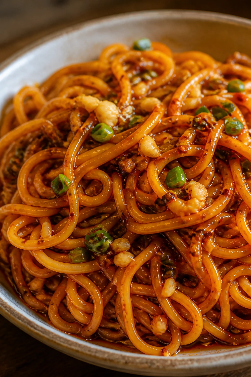 Szechuan chili garlic noodles in a bowl with chili oil
