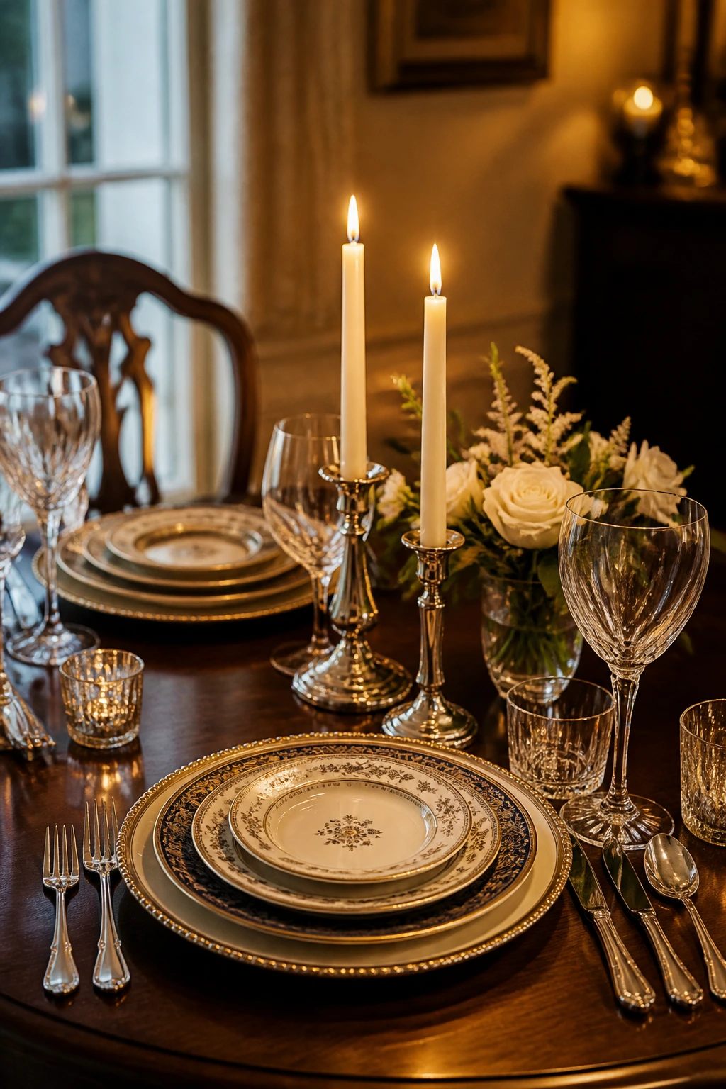 Close-up of an elegant two-person dining table setting with candles and flowers
