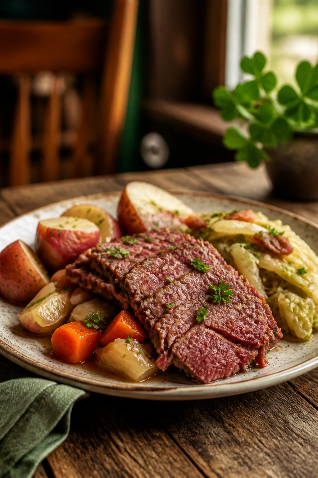 Close-up of a plated Saint Patrick's Day dish on a rustic wooden table in warm light