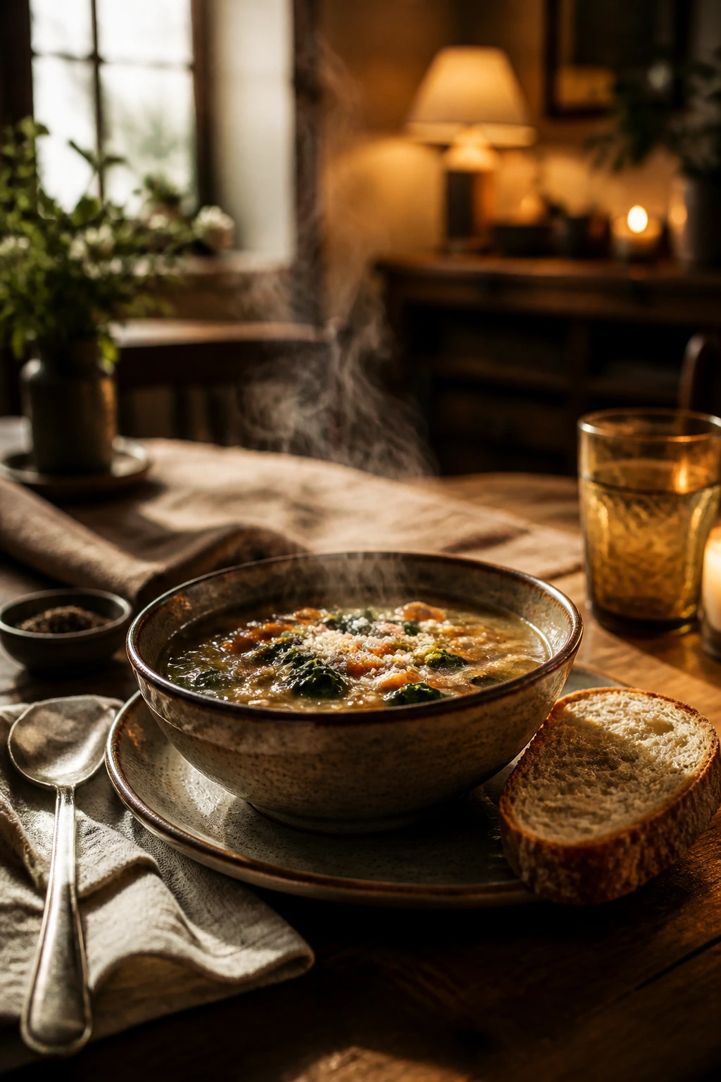 Close-up of a rustic table with a steaming soup bowl and bread in warm light