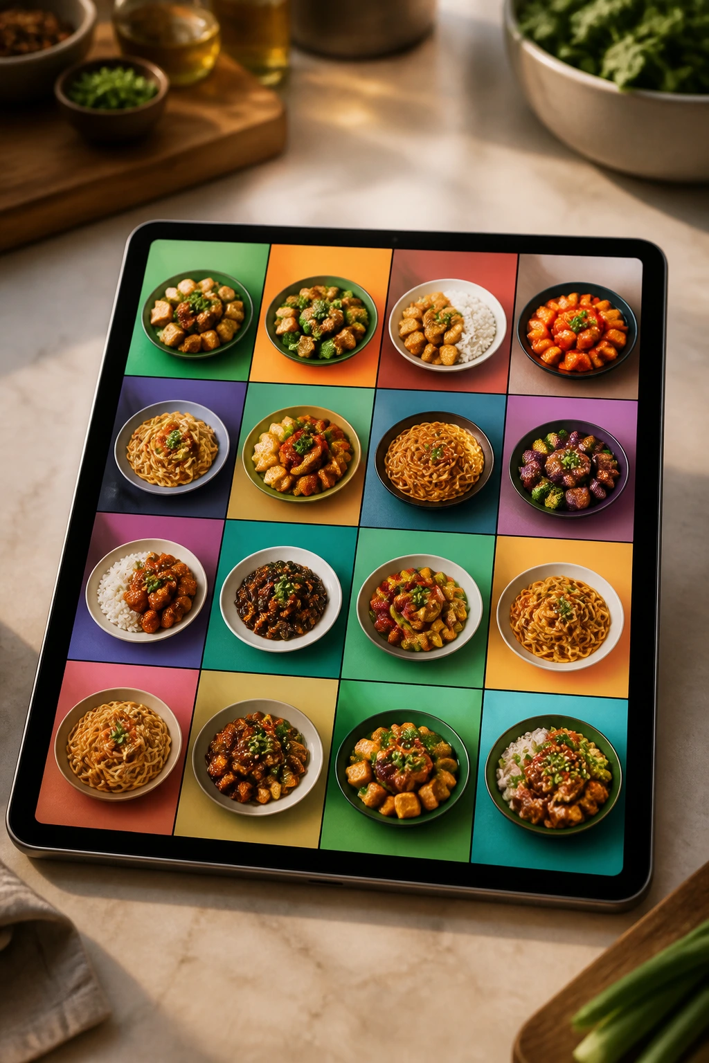 Close-up of a tablet showing a color-coded grid of recipe icons on a kitchen counter
