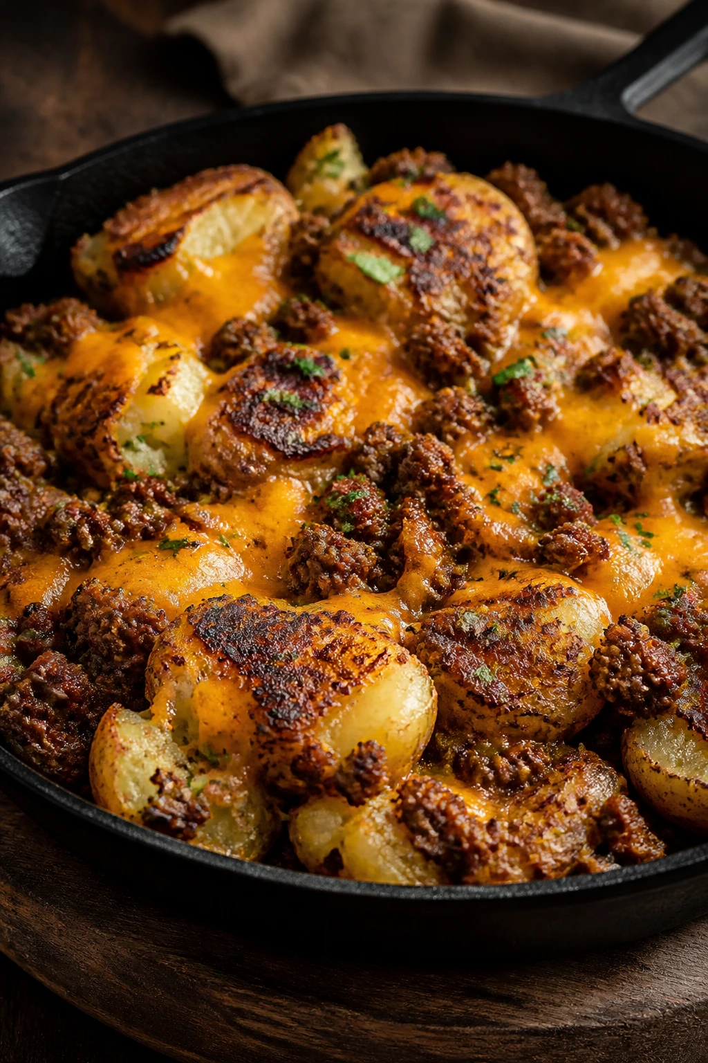 Close-up of taco beef and cheddar on smashed potatoes in a skillet
