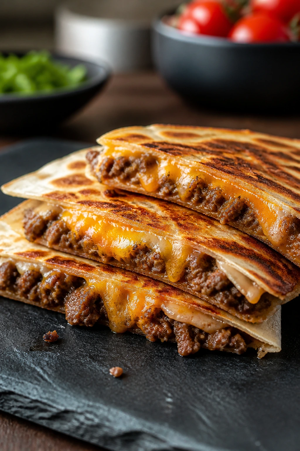Beef-filled quesadilla wedge with melted cheese on a dark board in a home kitchen