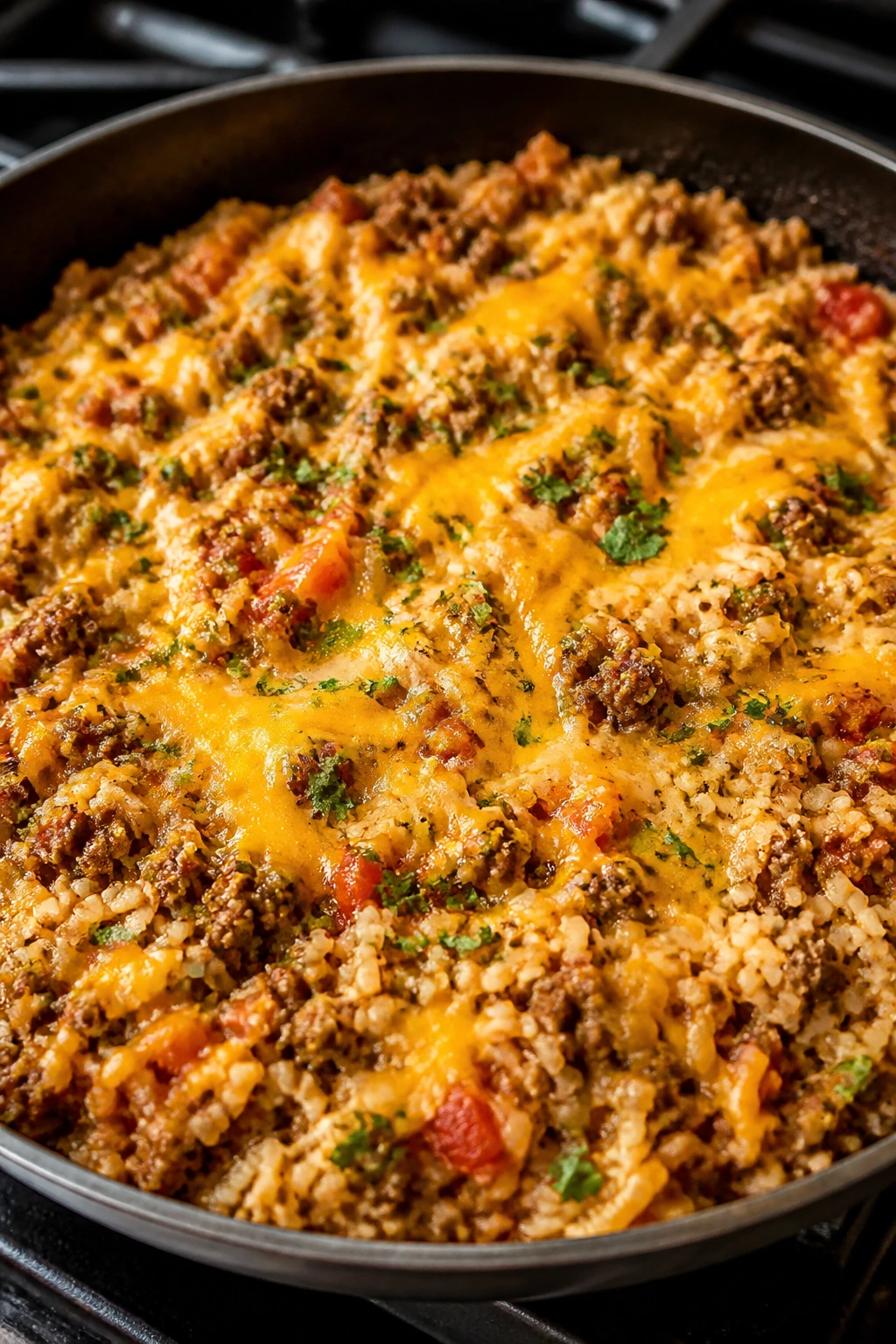 Skillet with taco beef and rice, cheese topping, in a kitchen