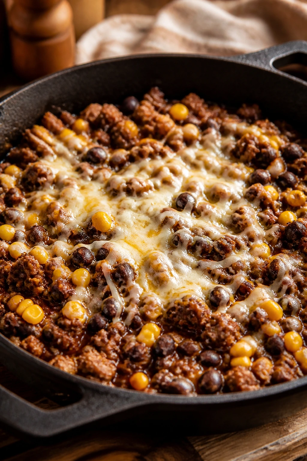Close-up of taco beef and bean skillet with corn and beans