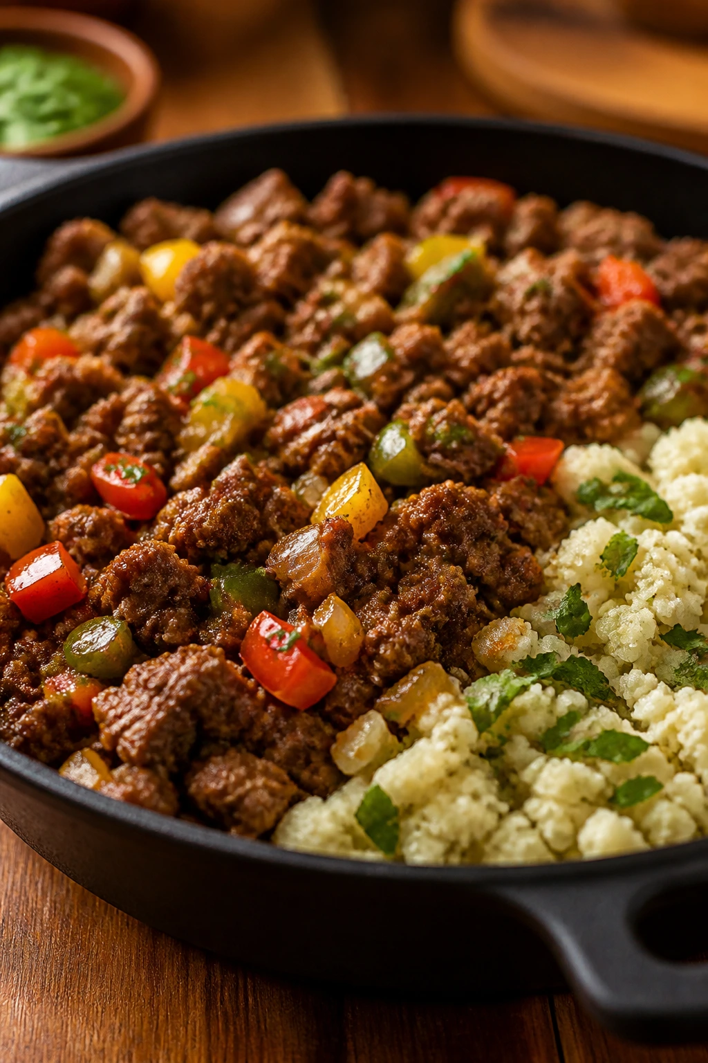 Beef taco skillet with cauliflower rice in a bright kitchen