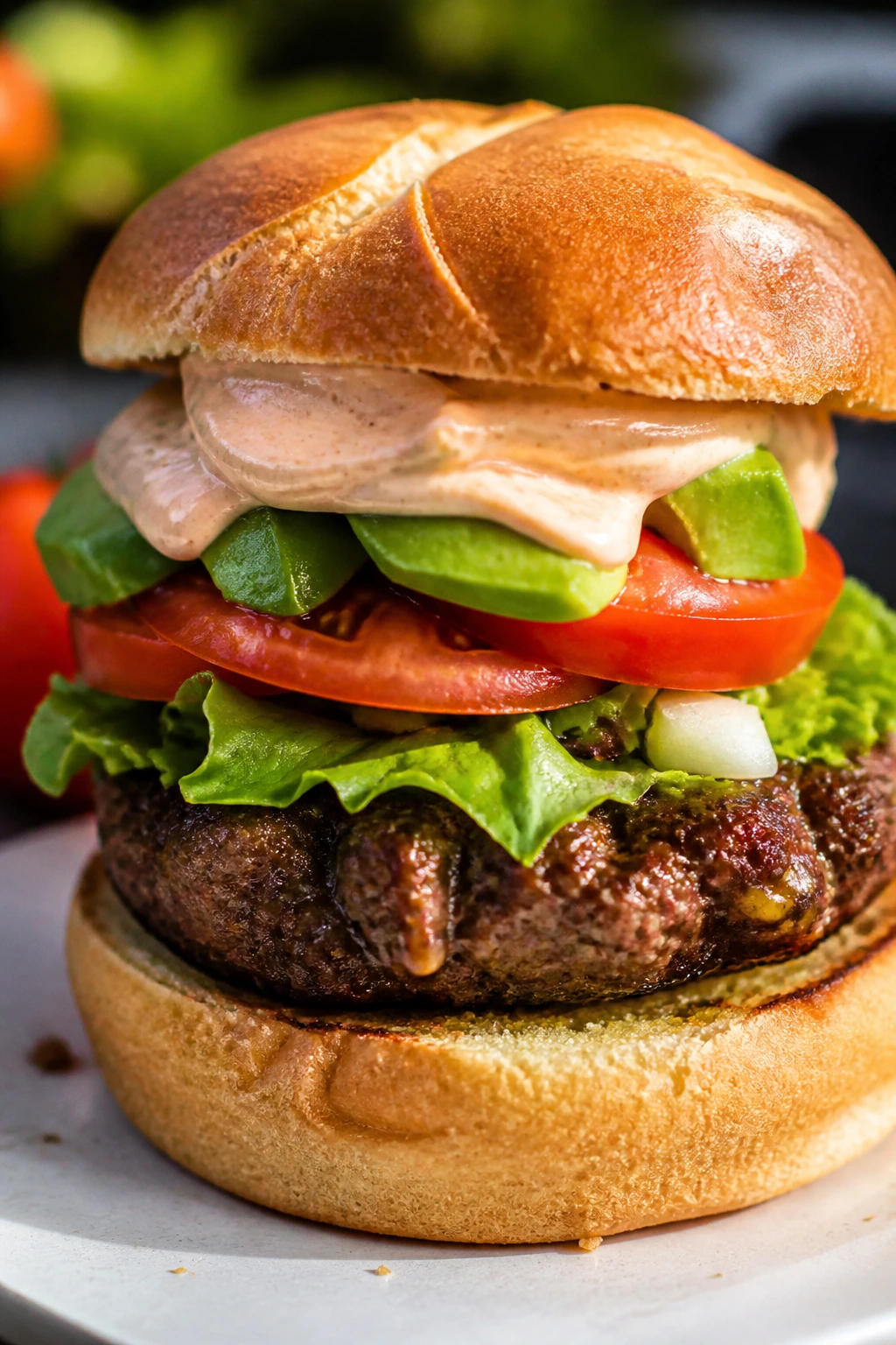 Close-up of taco-inspired burger with chipotle sour cream