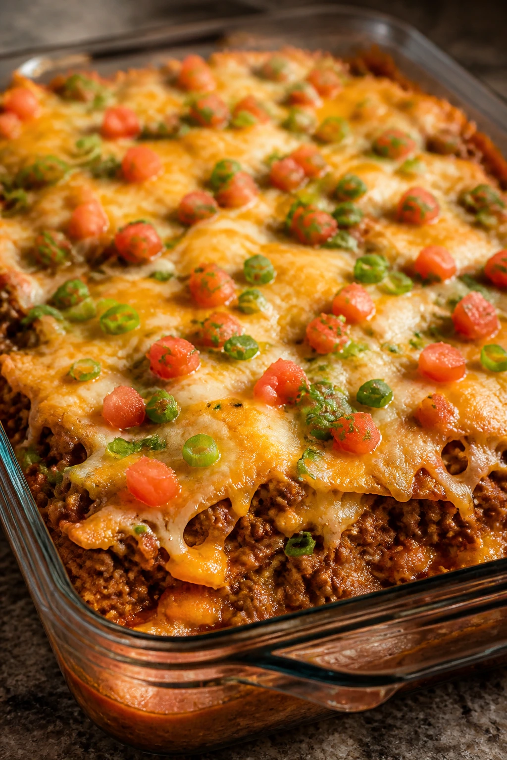 Top view of a golden-brown taco casserole in a baking dish