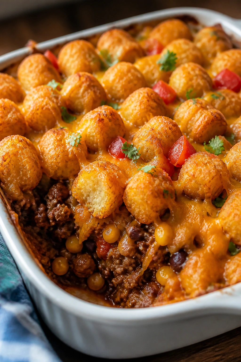 Close-up of taco-flavored tater tot casserole with beans and cheese