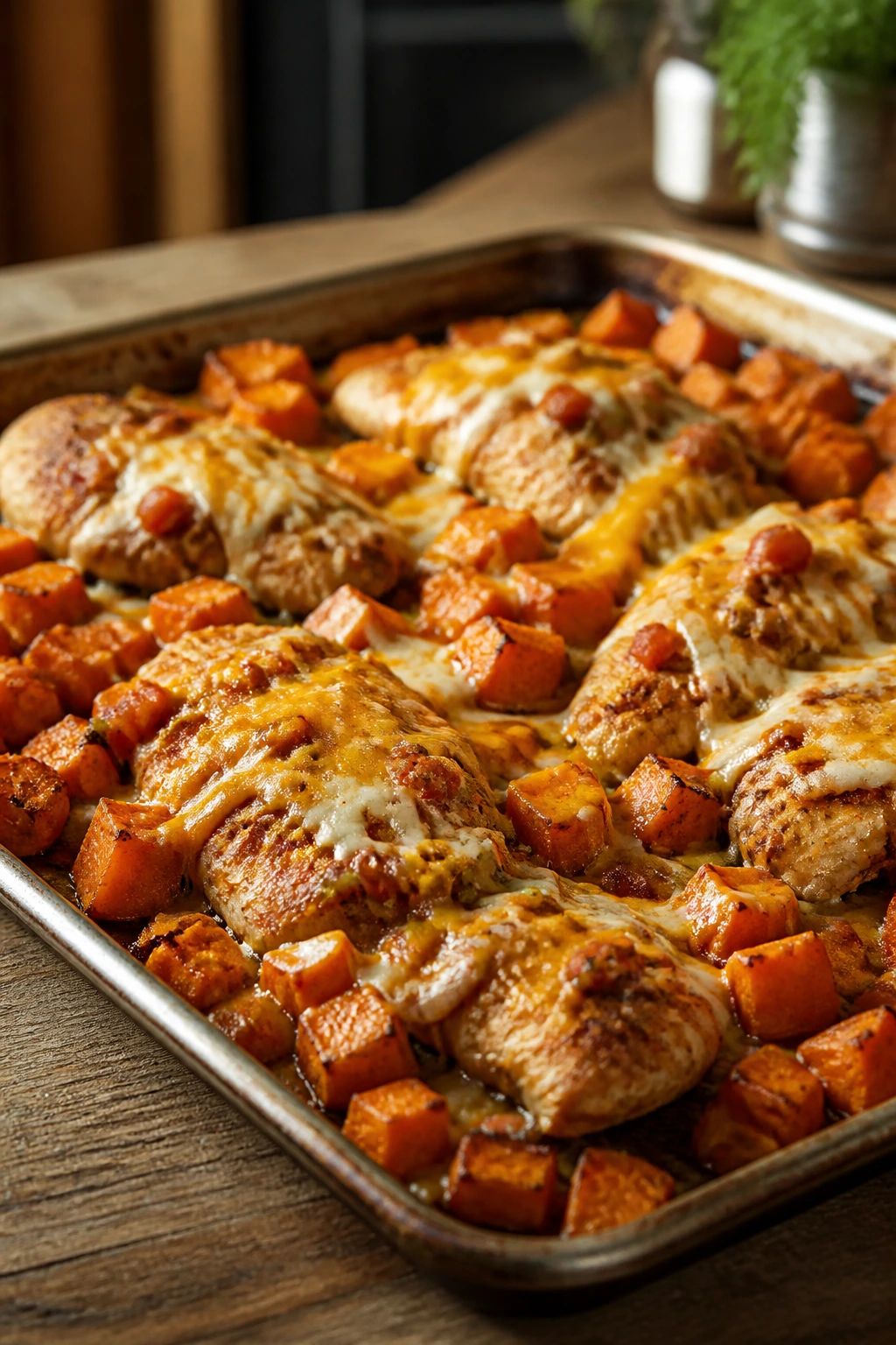 Close-up of taco-seasoned chicken with sweet potatoes and melted cheese on a sheet pan