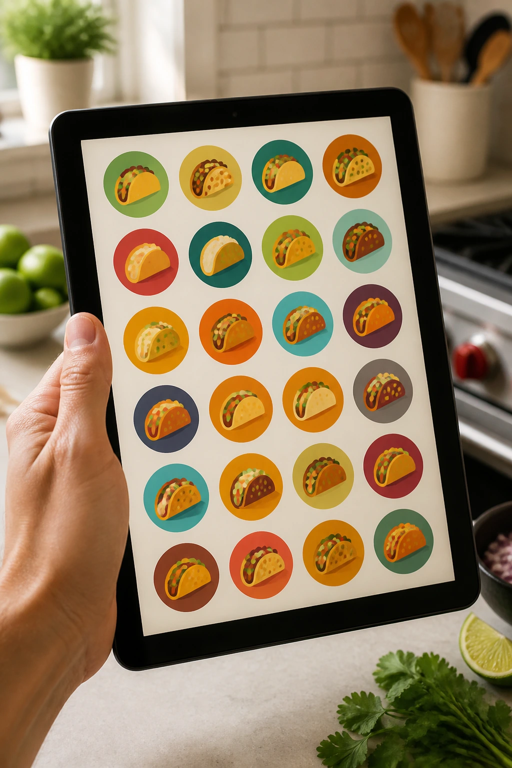 Tablet showing a grid of taco icons on screen representing all 18 dinners