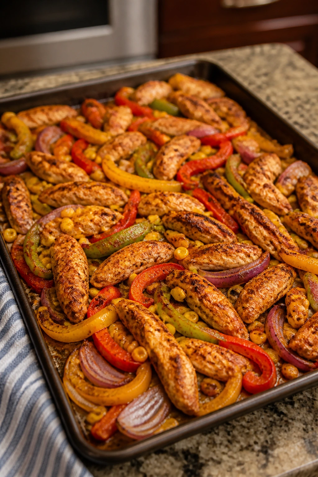 Close-up of taco-spiced chicken fajita on a sheet pan with peppers and onions