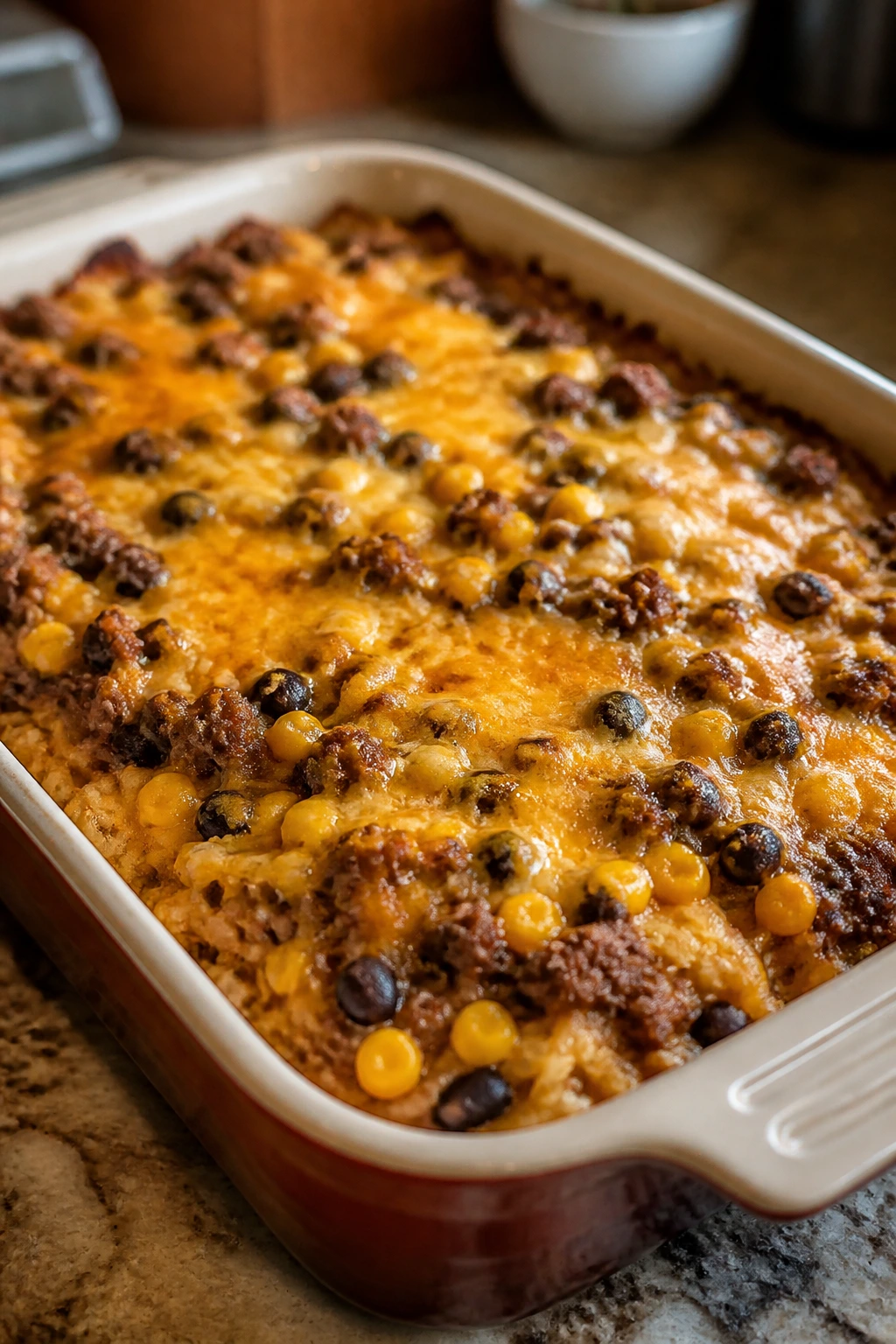 Close-up of Taco Hashbrown Casserole in a dish