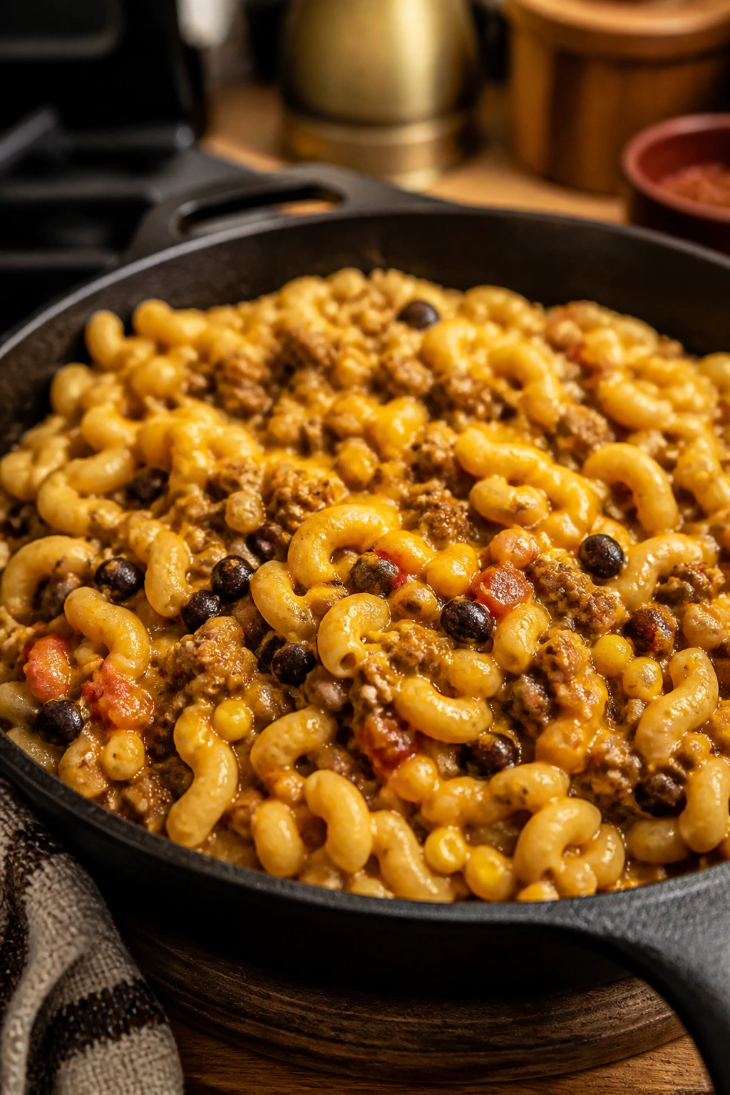 Medium close-up of cheesy taco mac in a skillet
