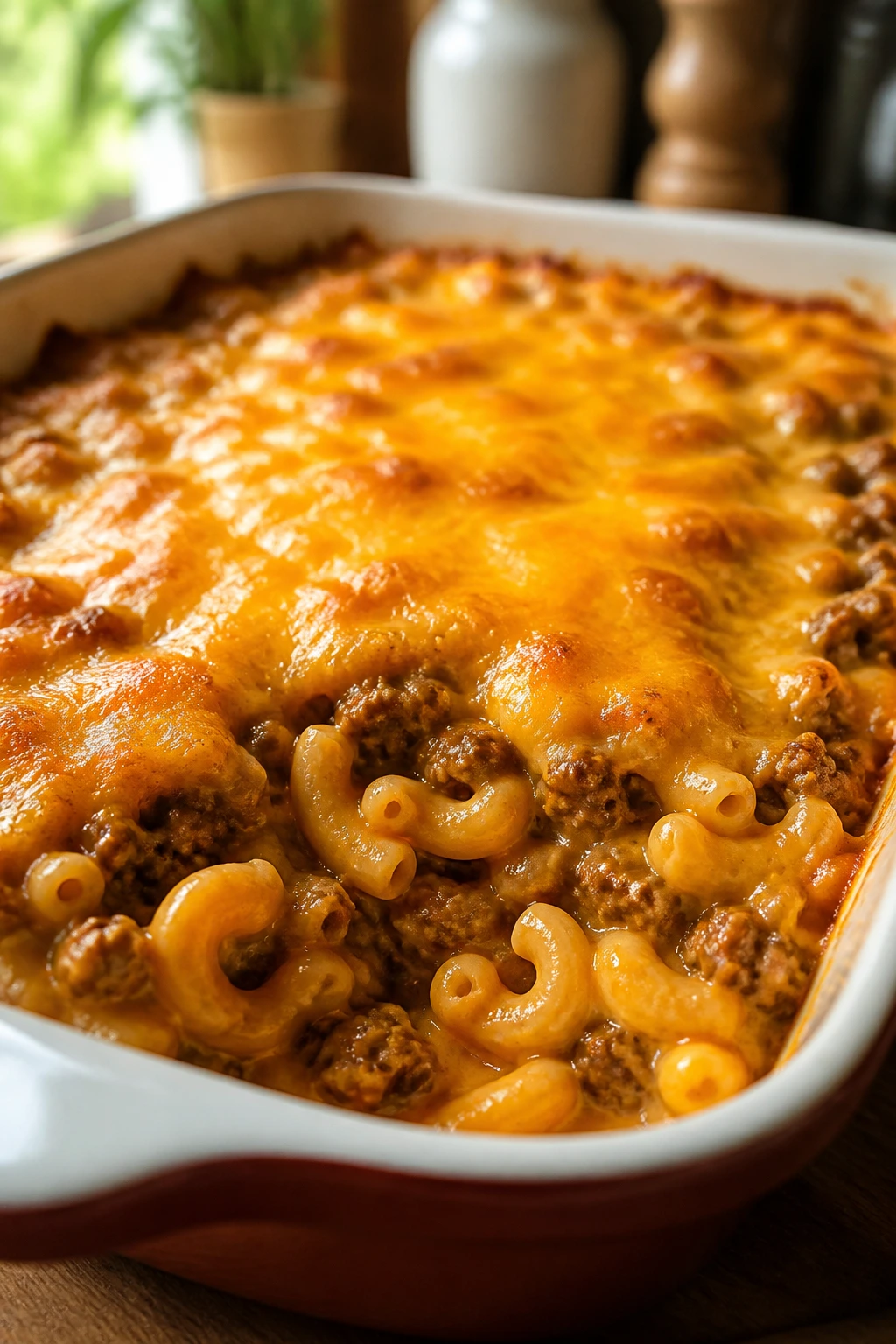 Close-up of Taco Mac and Cheese Casserole with beef and macaroni in cheese sauce