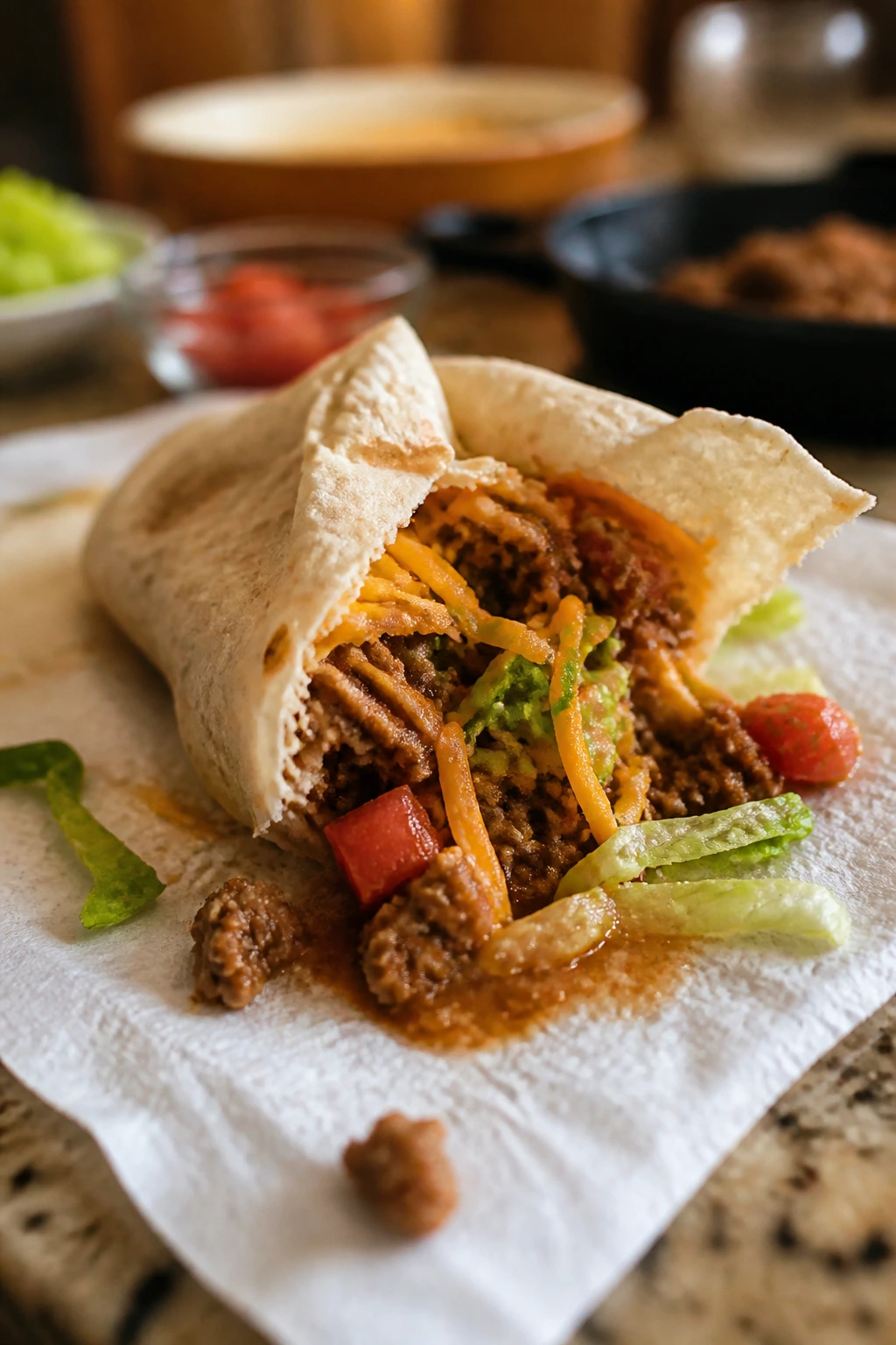 Tortilla with overfilled filling spilling, illustrating a common taco mistake in a cozy kitchen