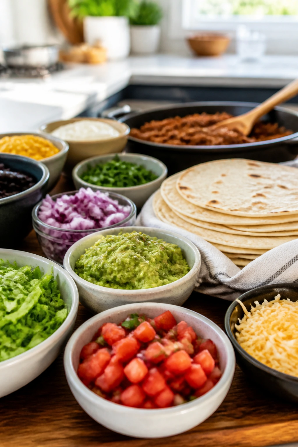Close-up of modular taco night spread with fillings and tortillas