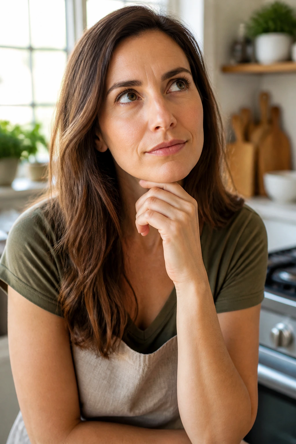 Close-up portrait of a real person considering taco night FAQs in a bright kitchen