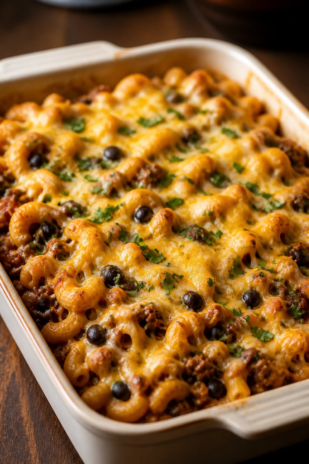 Taco-flavored pasta bake with beef and black beans in a casserole