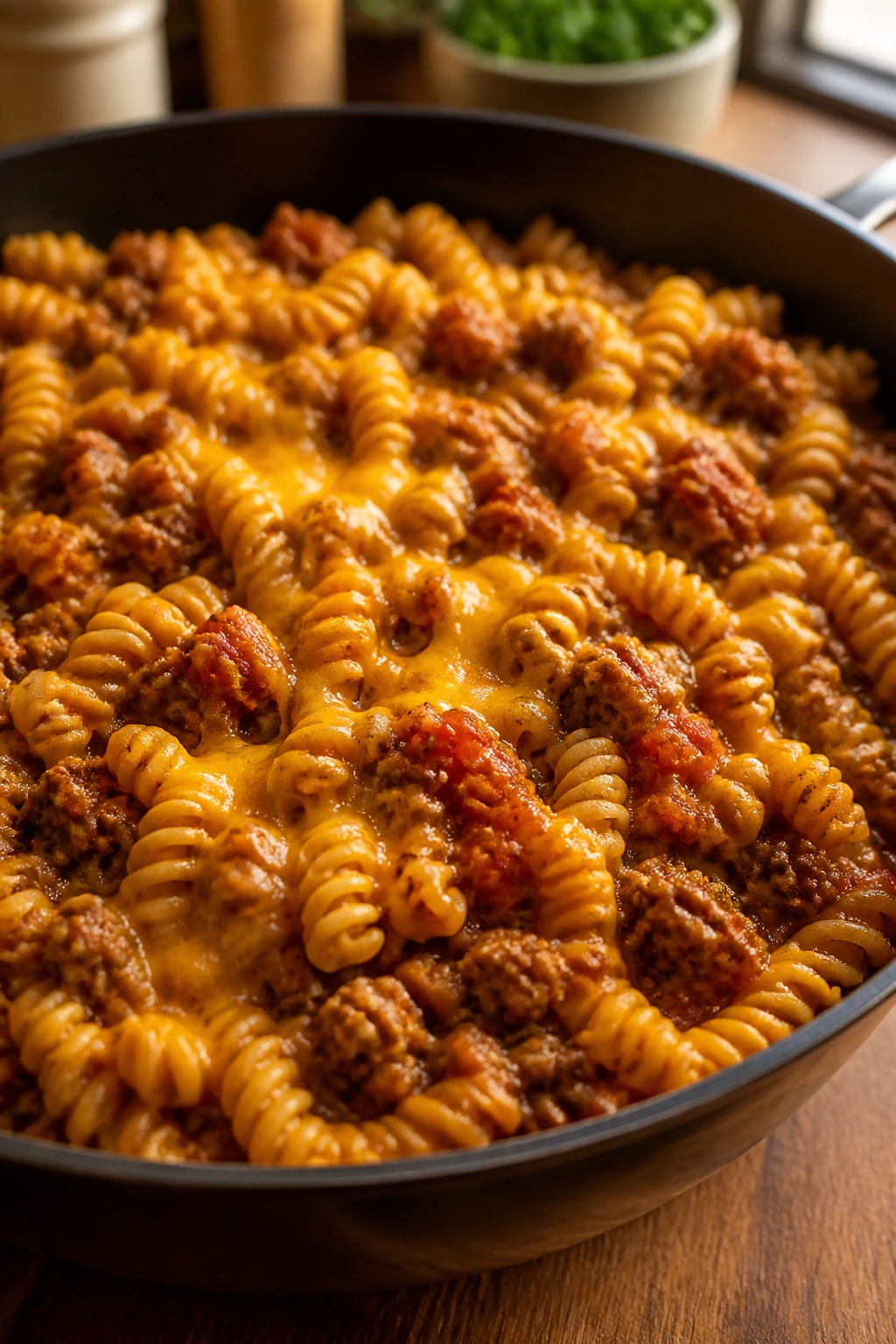 Close-up of Taco Pasta with Ground Turkey in a skillet with cheddar and salsa on a wooden countertop