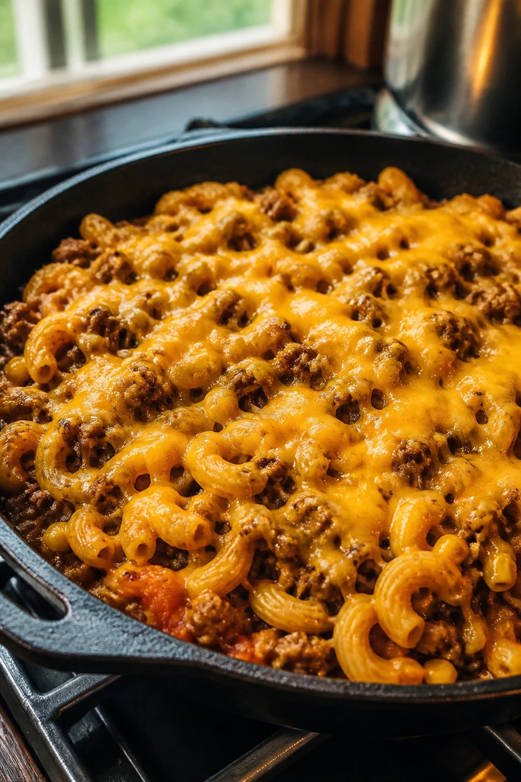 Close-up of cheesy taco pasta in a skillet