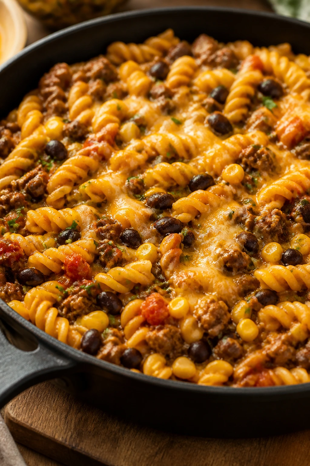 Taco pasta skillet with corn and beans in a skillet