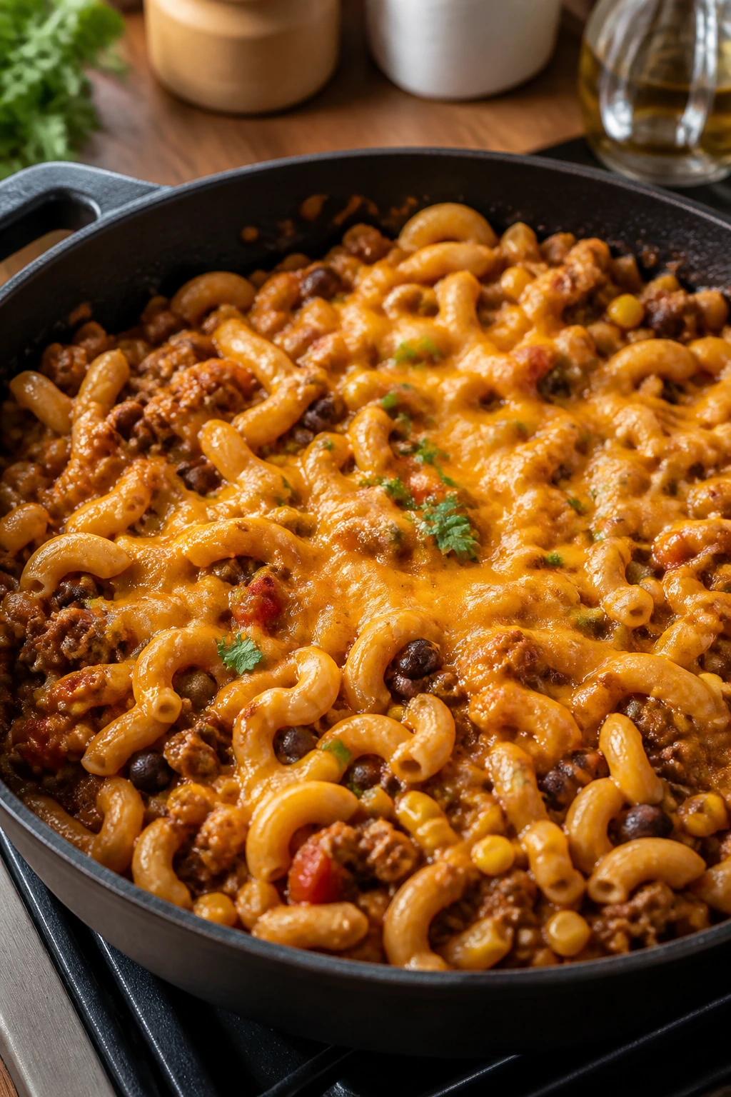 Close-up of taco pasta skillet with cheese and seasonings