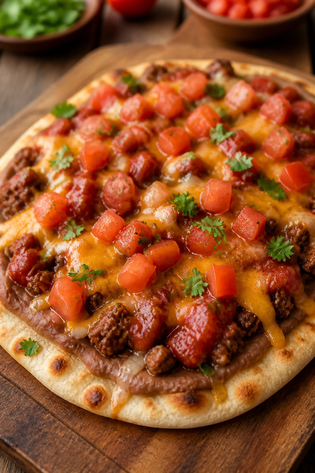 Close-up of naan-based taco pizza topped with beans, beef, and cheese