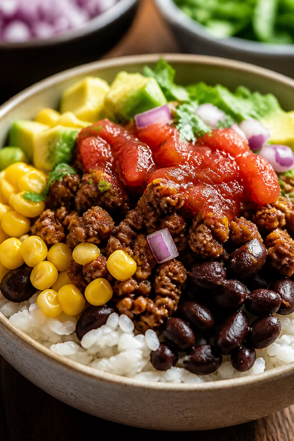 Layered taco rice bowl with beans corn and salsa