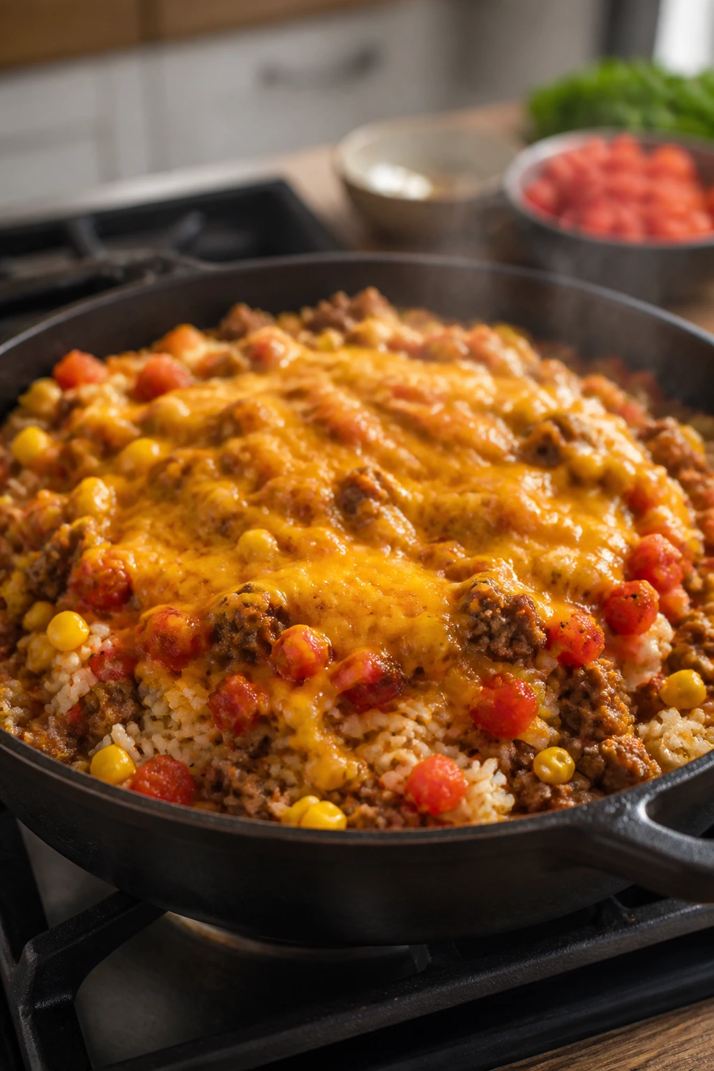 Beef taco rice skillet with melted cheese in a skillet on a stovetop