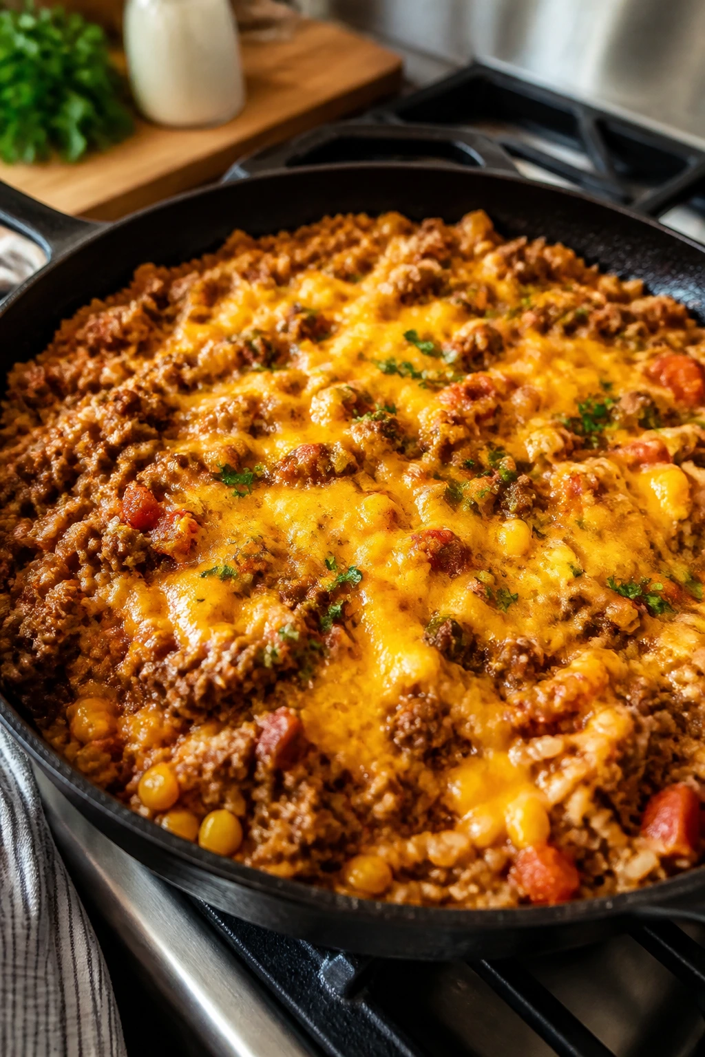 Pan of taco rice skillet with melted cheddar in a warm kitchen.