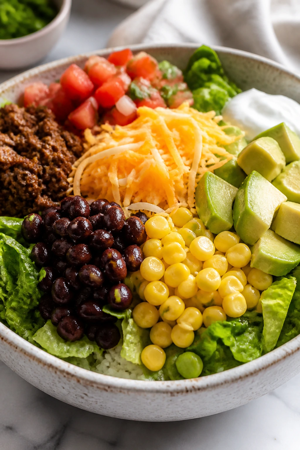 Close-up of a taco salad bowl with layered ingredients.