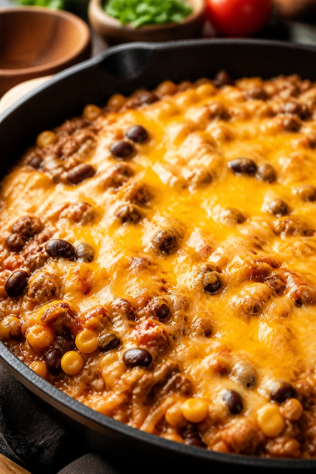Close-up of cheesy beef taco skillet with melted cheddar and beans