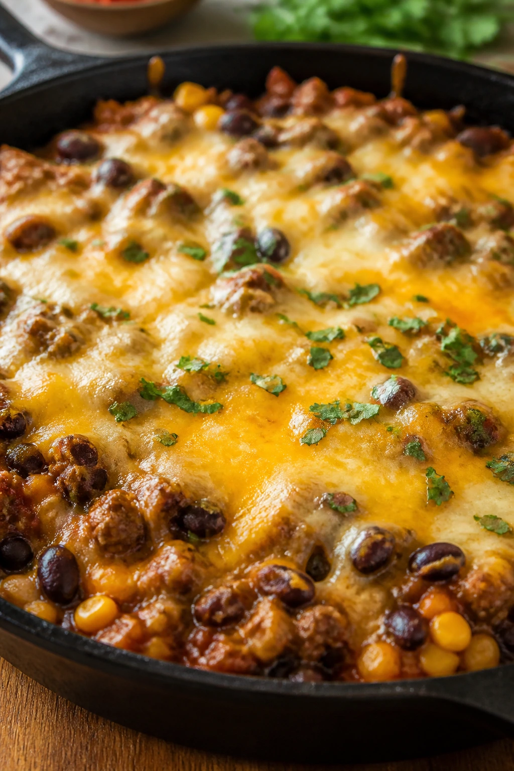 Skillet with cheesy taco meat, beans, and corn in a pan