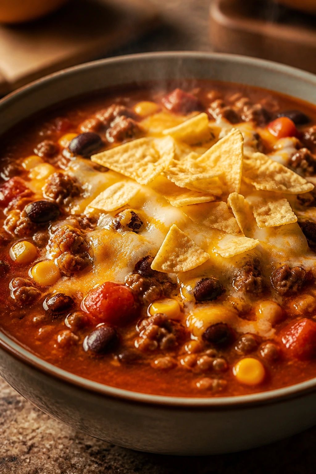 Close-up of a bowl of taco soup with beans corn and cheese