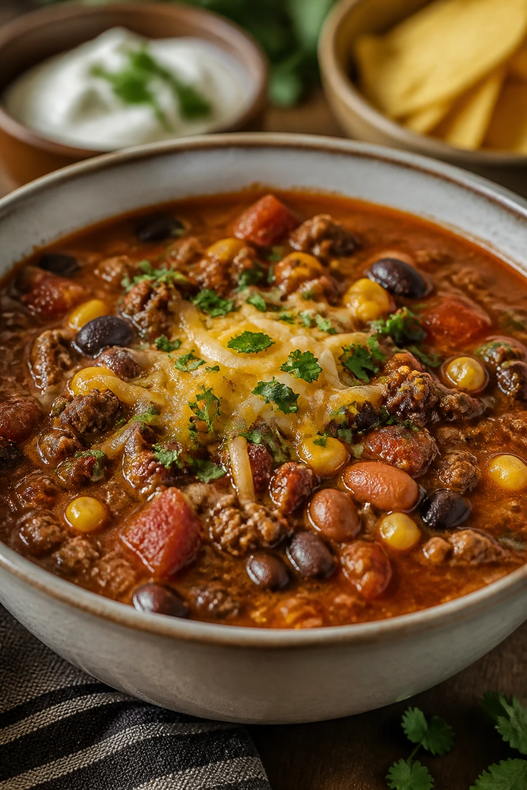 Hearty bowl of taco soup with beans, corn and beef