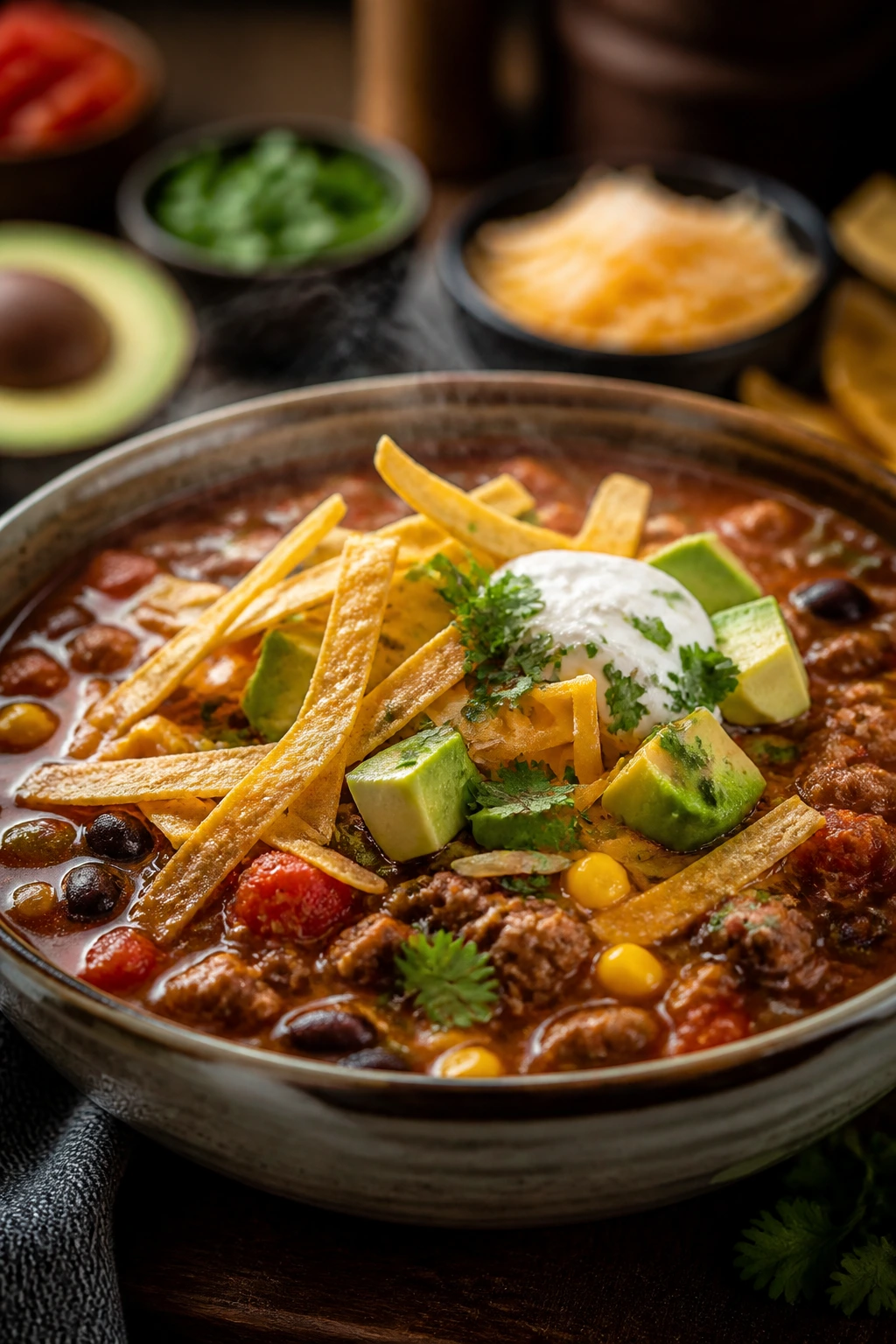 Close-up of steaming taco soup with toppings in a bowl
