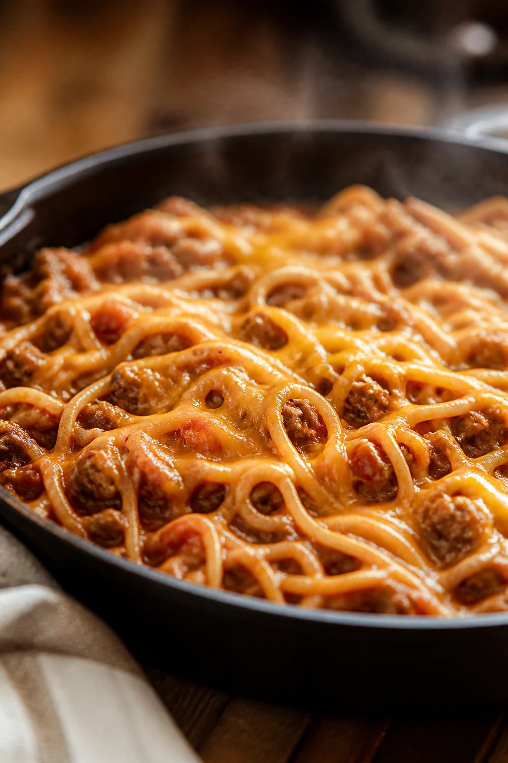 Close-up of one-pot taco spaghetti in a skillet with cheese