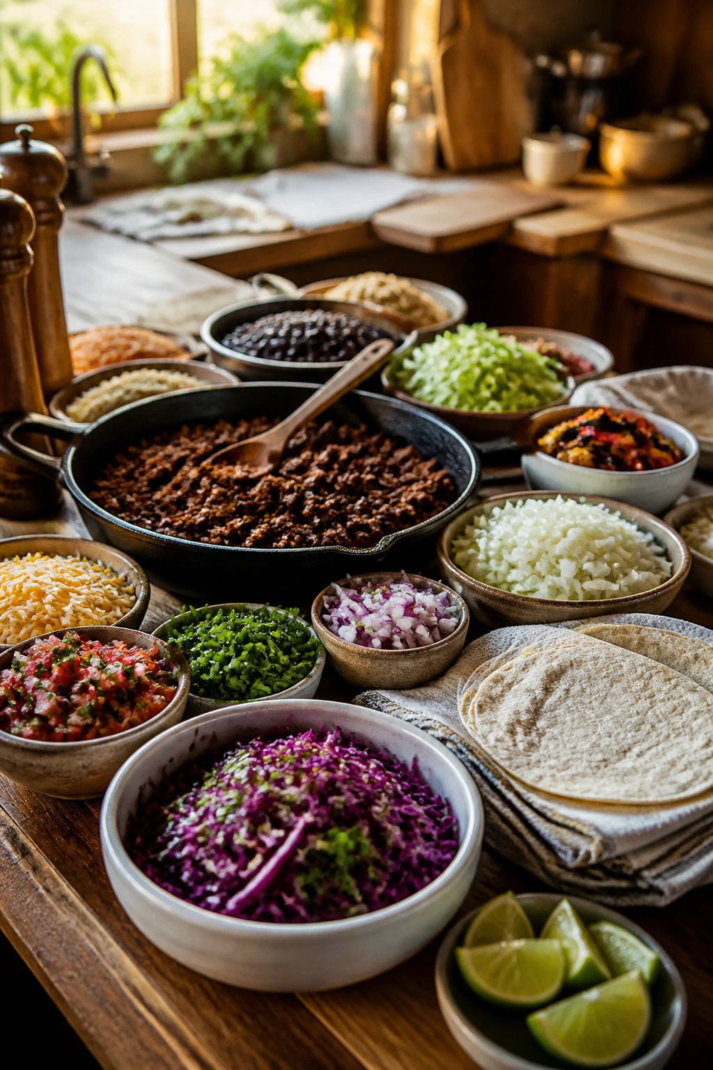 Close-up of a vibrant taco night spread with beans, tortillas, onions, rice, cabbage, and salsa on a wooden counter