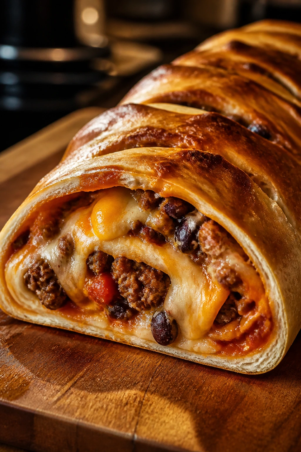 Taco stromboli with beef cheese salsa filling