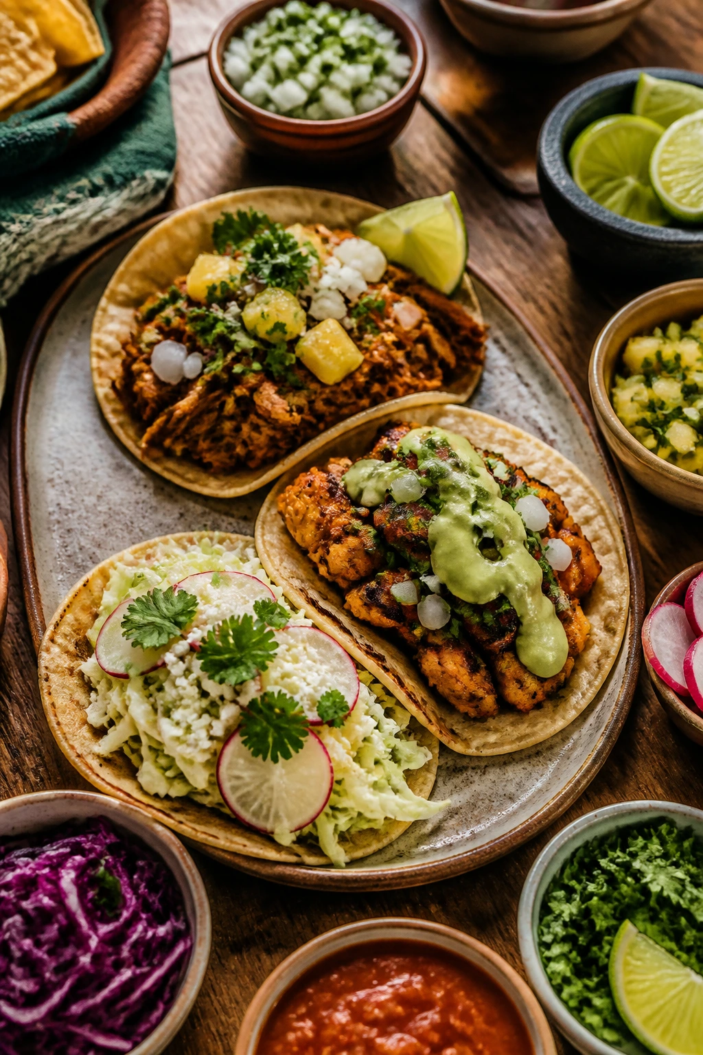 Table spread with three street tacos and toppings on a wooden table