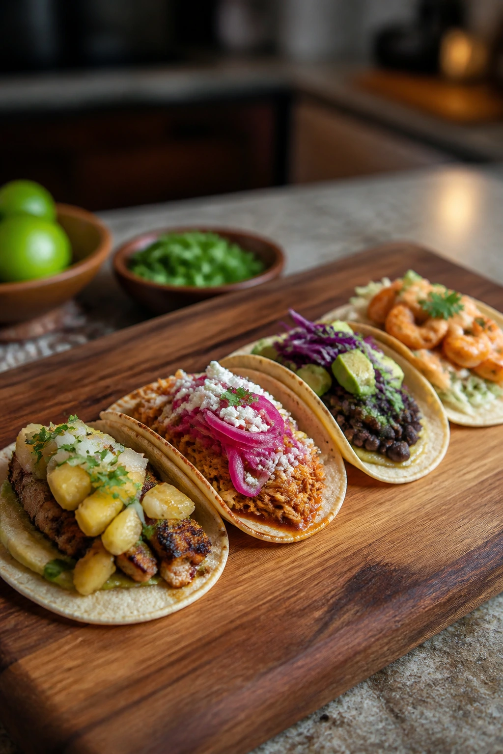 Four different street tacos on a wooden board showing variations