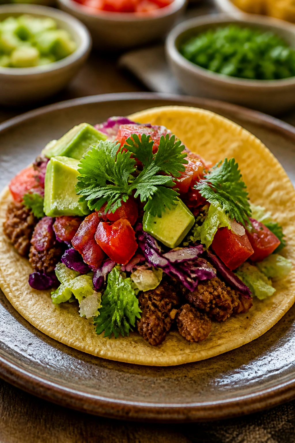 Loaded taco on a rustic plate with surrounding toppings suggesting gluten-free and dairy-free adaptations