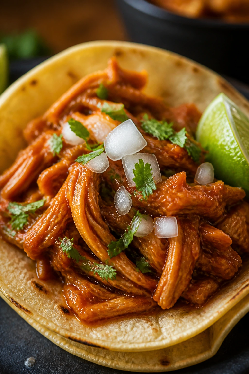 Close-up of a smoky chicken tinga taco with shredded chicken spilling from a corn tortilla.