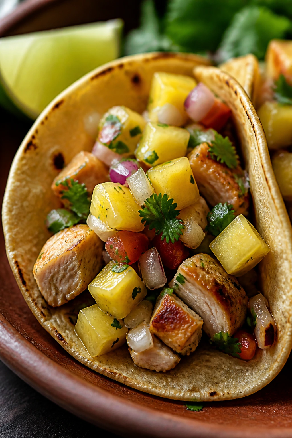 Close-up of a chicken taco with pineapple salsa
